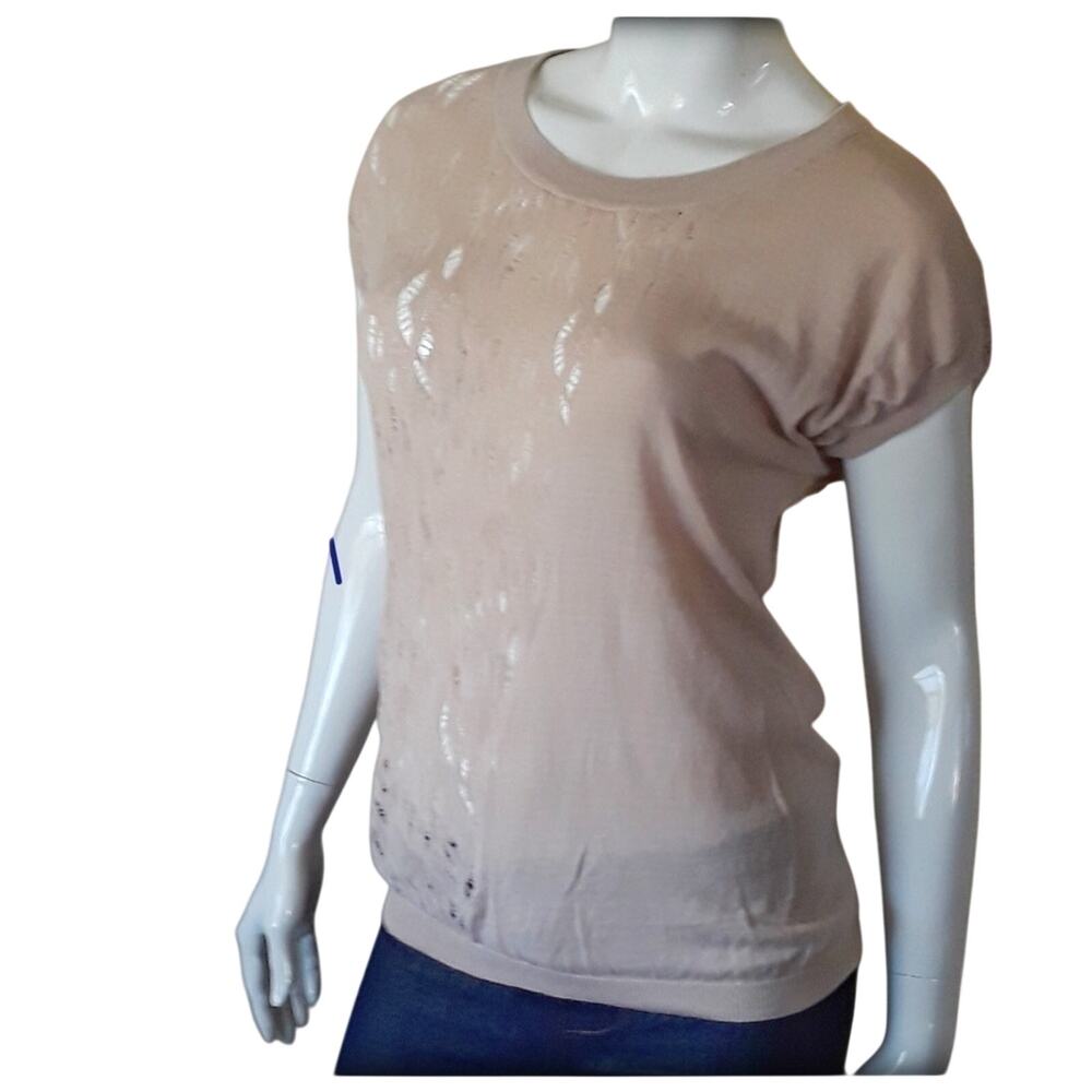 LOVE 21 Beige Stretch Knit Top Juniors Size S Lace Short Sleeve Preppy Sheer